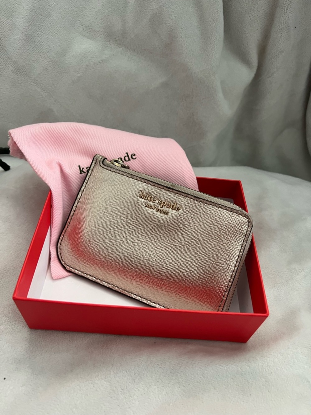 kate spade Rose Gold Metallic Leather Zip Card Case